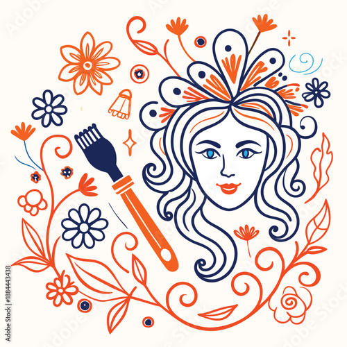 A glamourous summer vector illustration of a beautiful lady with long hair and a floral head design featuring a butterfly and spring flowers