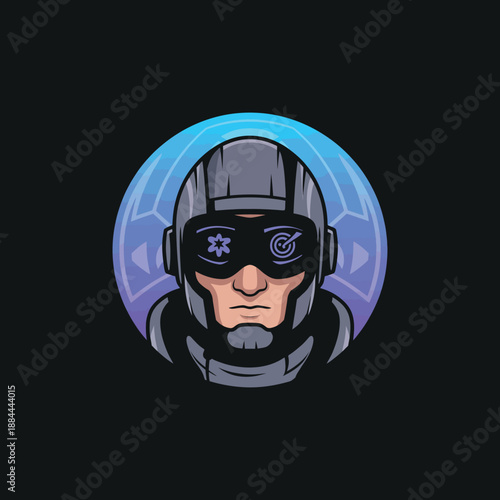 Sci fi futuristic astronaut wearing helmet with glowing visor and holographic display