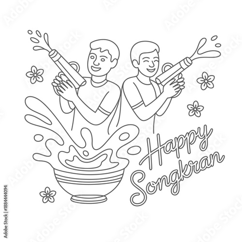 Two boys celebrating songkran festival isolated on white background, Vector, illustration