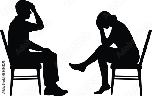 Silhouettes of seated man and woman in contemplative posture, illustrating emotional tension, distress, and serious conversation
