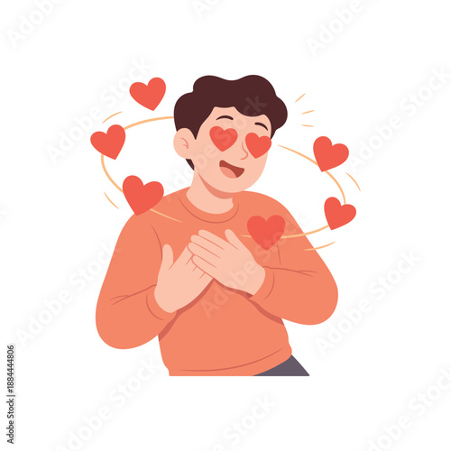 Happy man in love with hearts around his head. Being in love, affection and admiration. Valentine’s Day, relationships, romance, dating, greeting cards and love concepts. Vector illustration.