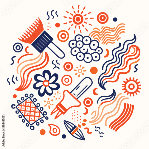 Seamless vector illustration set featuring a cute cartoon doodle pattern of a hair clipper comb and scissors for a fashion sketch wallpaper design