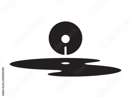 Minimalist black and white illustration of a drop falling into an abstract puddle