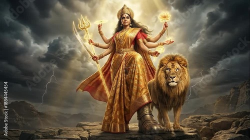 Divine goddess durga, standing powerfully with her golden lion, is dramatically lit against a stormy navratri sky.