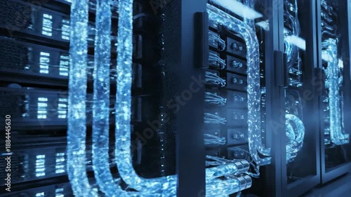 Servers in a dark, futuristic corridor glowing blue with tech information displays
