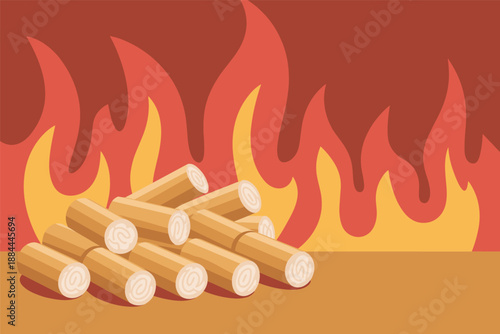 Stacked Firewood Against a Fiery Backdrop, energy and heating concept