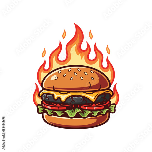 Flaming Cheeseburger Fast Food Mascot Illustration