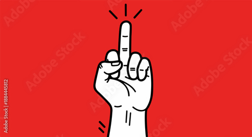 Stylized cartoon drawing depicting a single hand emphatically extending the middle finger against a bold vibrant red background expressing defiance or rudeness