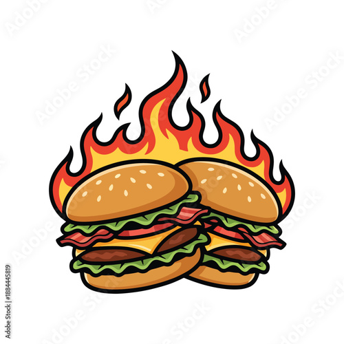 Double Flaming Burger Fast Food Mascot Illustration