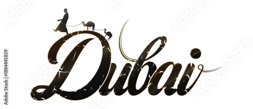 Dubai typography design with camel caravan vector illustration for luxury travel and tourism branding
