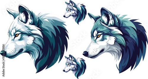 Stylized vector illustration showcasing the majestic profile portraits of two distinct wolves featuring cool blue and white tones against a dark background