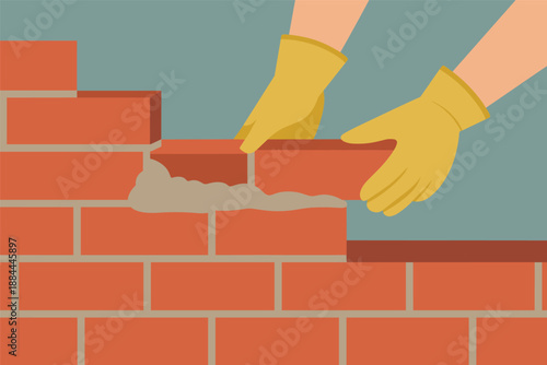 Masonry Work Hands Laying Bricks to Build a Wall, construction craftsmanship concept