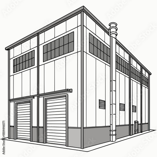 Industrial Warehouse Building Structure on White Background