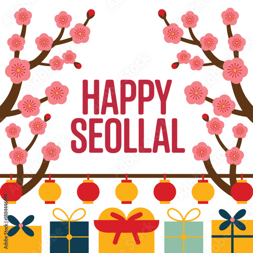 Happy seollal greeting card isolated on white background, Vector, illustration
