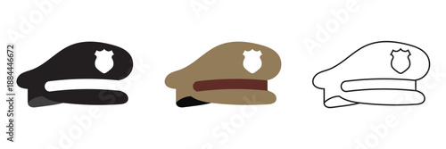 Police Hat Icon Variations Set. Minimal police hat icons in black, blue colour and outline styles, symbolizing law enforcement, authority, security and official uniform design elements.

