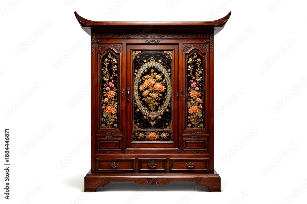 Fototapeta premium Traditional Chinese Style Wooden Cabinet with Floral Design