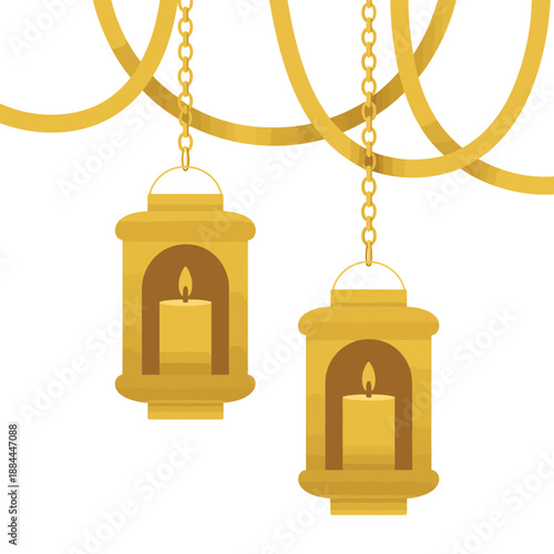 Golden hanging lanterns with candles isolated on white background, Vector, illustration