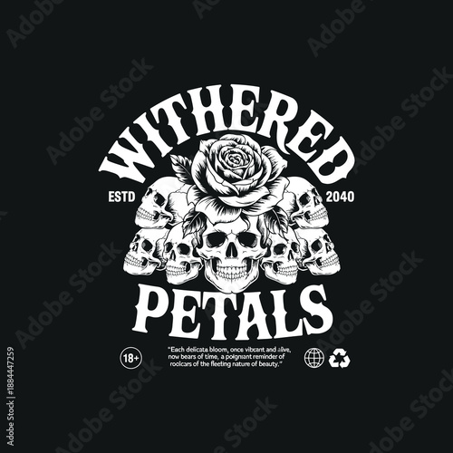 Withered petals design featuring multiple skulls embracing a large central rose flower