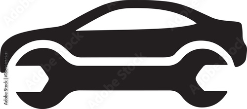 Angular car silhouette fused with industrial wrench spine in modern bold vector icon style