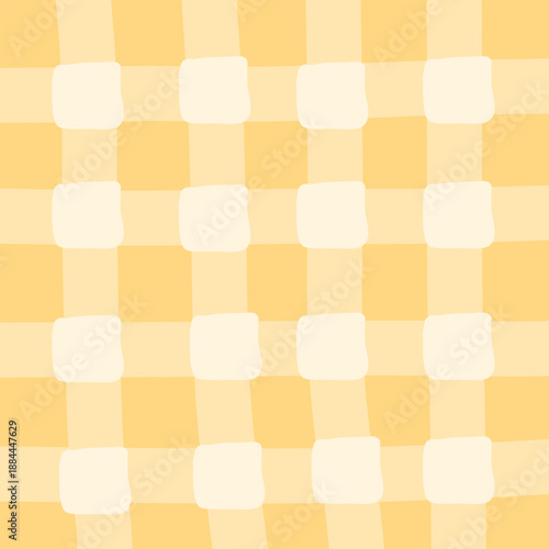 Seamless yellow checkered pattern with soft hand drawn squares and stripes. Minimal flat illustration in warm pastel tones, cozy decorative background for textiles, wallpaper, wrapping and prints