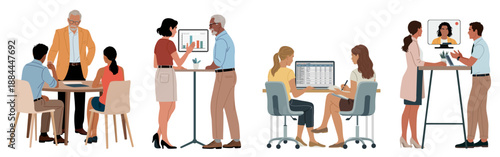 Set of  modern office meeting scenes with teams collaborating at desks and tables. Flat vector illustration isolated on transparent background