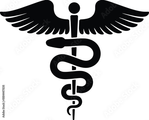 Black and white vector illustration of the caduceus symbol, often associated with medicine