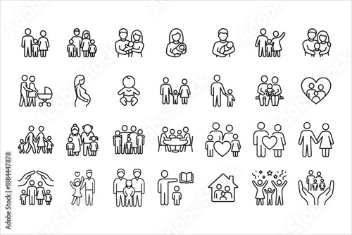 Family line editable icon set. Contain icons related to parenthood, grandparents, children, adoption, and more. Editable stroke. Vector illustration