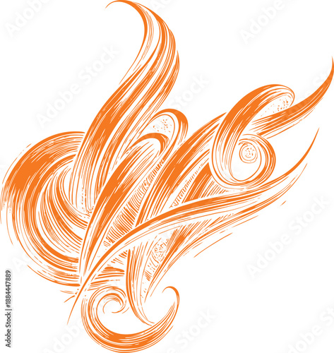Abstract floral vector background with tribal swirls and an orange phoenix bird illustration