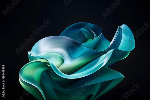 Windows 11 inspired 3d abstract fluid shape design digital artwork modern smooth curves vibrant teal and green color palette dark background high resolution wallpaper illustration graphic element