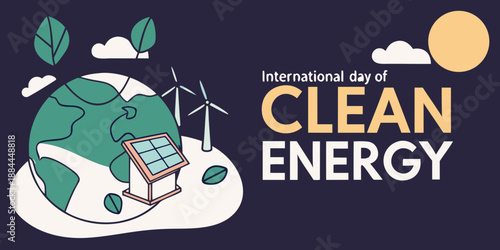 International Day of Clean Energy illustration with wind turbines and solar panel