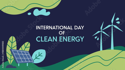 International Day of Clean Energy illustration with solar panel and wind turbine