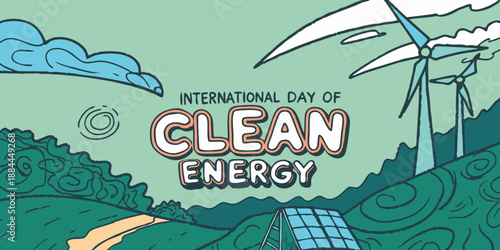 International Day of Clean Energy illustration with wind turbines and solar panel 