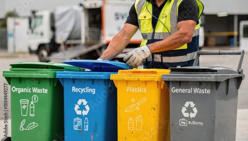 Focused medium shot of collection time in progress with a worker handling segregated bins sharp detail on bins the environment softly blurred to convey active waste management.