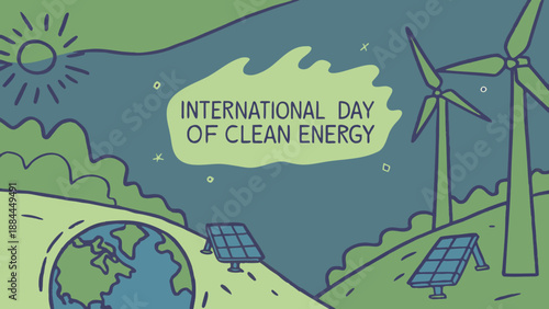International Day of Clean Energy illustration with solar panels and wind turbines