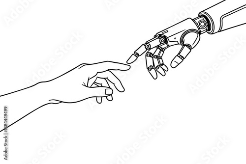 Minimalist Line Art Robot Hand Reaching Human Hand for Technology and Future