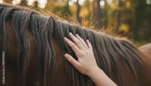 Girl petting horse after trail ride close up hand stroking mane with warm forest light detail