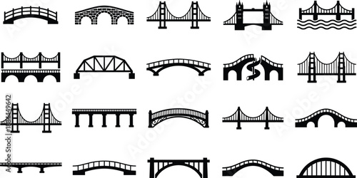 Bridge icon collection featuring suspension arch truss and stone bridges, black silhouette vector symbols set for architecture, infrastructure, travel, engineering, and design projects