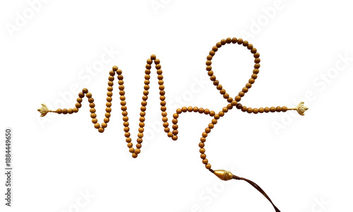 A brown rosary with gold accents is arranged in a unique pattern on a transparent background