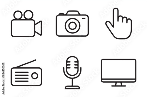 Media production icons camera microphone film reel and more simplified