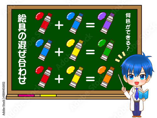 絵具の混色の授業をするちびキャラの先生のイラスト素材
