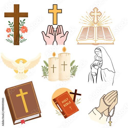 Collection of essential Christian religious symbols featuring crosses, doves, candles, and holy scripture illustrations on transparent background