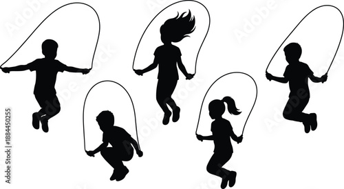 Children jump rope silhouettes set featuring boys and girls skipping rope in energetic poses, active childhood fitness and outdoor play concept, black vector illustration isolated on white background