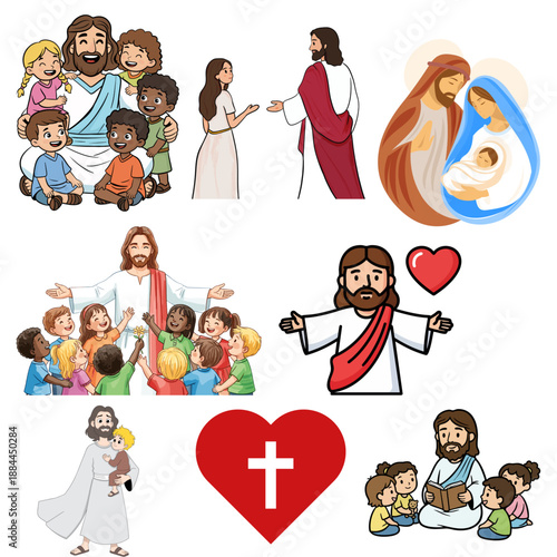 Collection of sweet cartoon illustrations depicting Jesus Christ interacting lovingly with children, sharing scripture, and showing divine care on transparent background