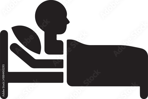 A simple black silhouette of a person resting comfortably in a bed with a pillow and blanket
