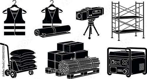 Flat design close up composition of industrial safety icons including high visibility vest, scaffold, generator, pallet jack, stacked bags and camera tripod
