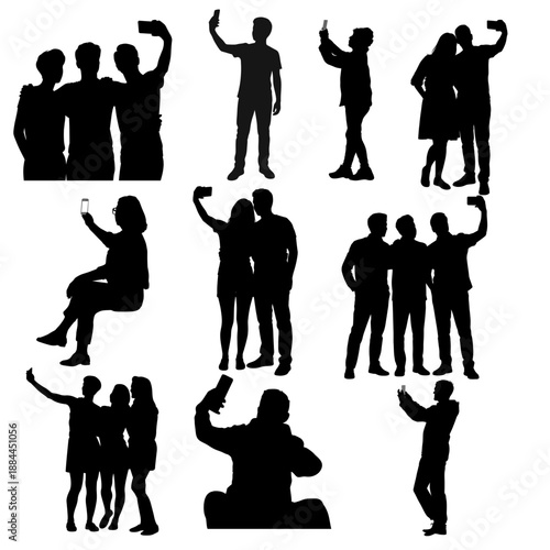 Silhouette of a person taking a high angle selfie with a modern smartphone device clearly visible on transparent background