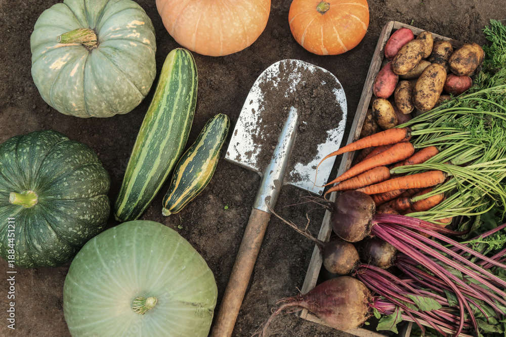 custom made wallpaper toronto digitalAutumn vegetables Harvest background texture. Freshly harvested carrot, beetroot, pumpkin, zucchini and potato with shovel on soil ground close up top view
