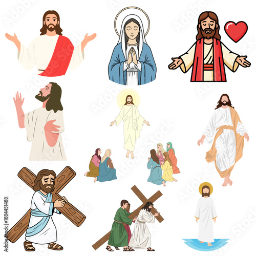 A compilation of diverse illustrations depicting Jesus Christ across various significant biblical moments and divine representations on transparent background