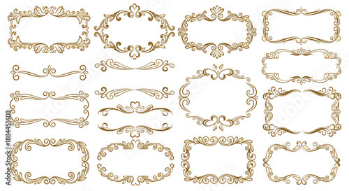 Elegant set of vintage golden frames and decorative scroll flourishes with intricate floral and swirl details.