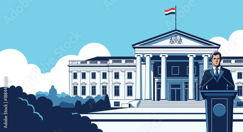 Government official delivering a formal speech from a podium in front of a white neoclassical public building.